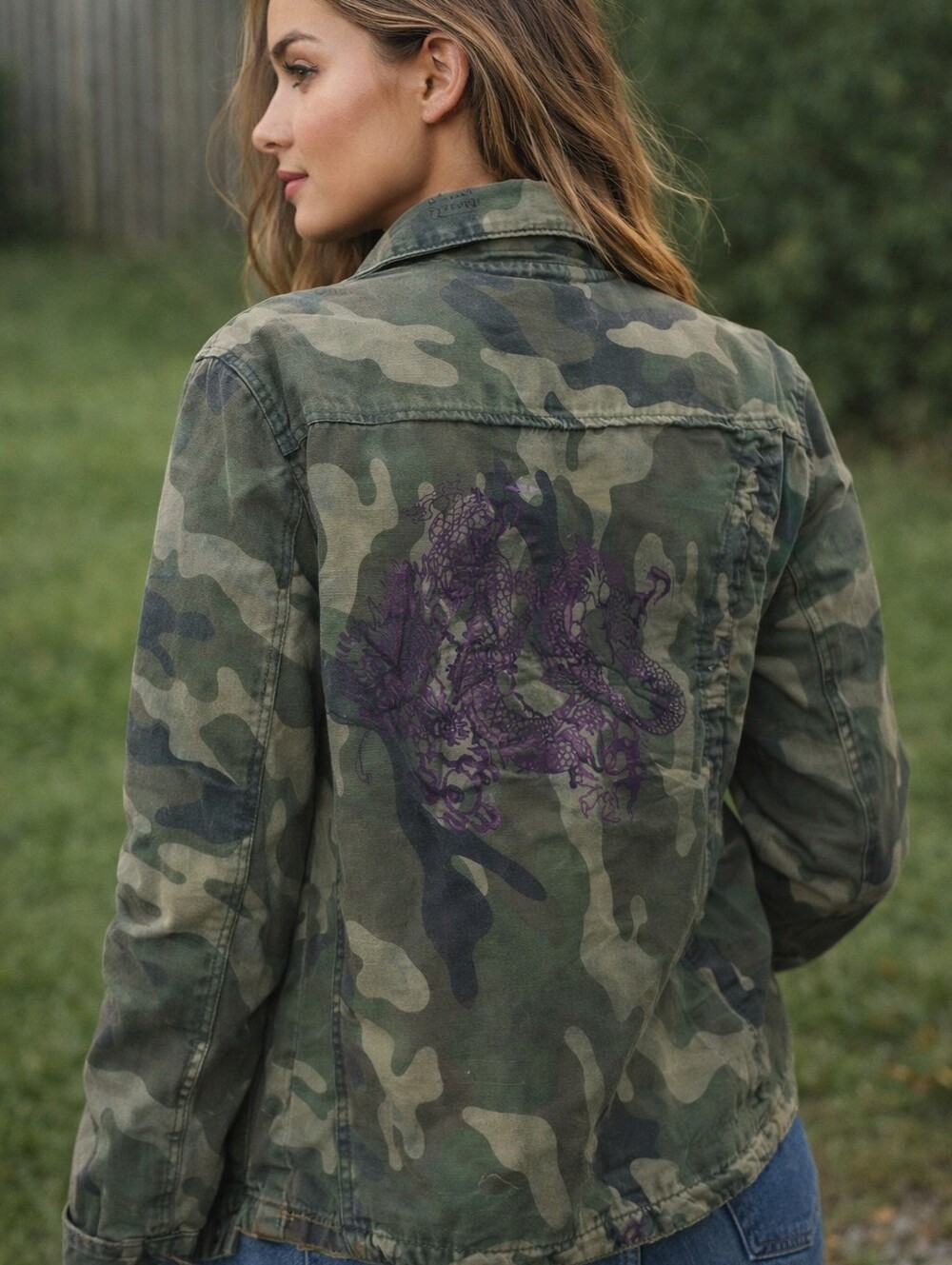 “Camouflage Dragon Jacket – Boho Streetwear Statement Piece, Artistic Upcycled - Picture 2 of 11